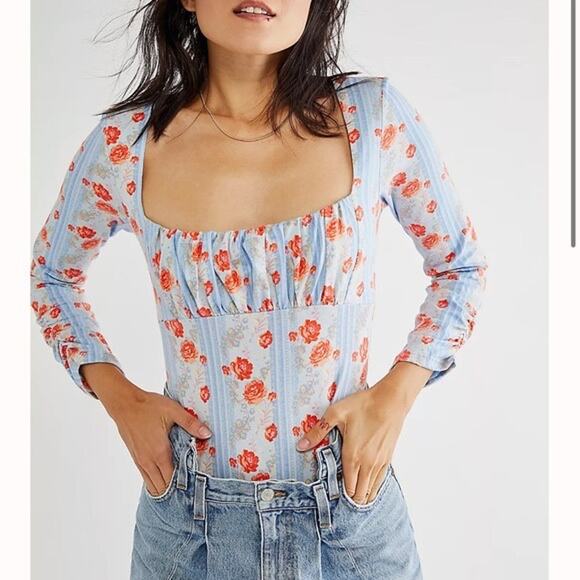 Free People Tops - Free People Center Stage Open Back Floral Stripe Long Sleeve Bodysuit NWOT